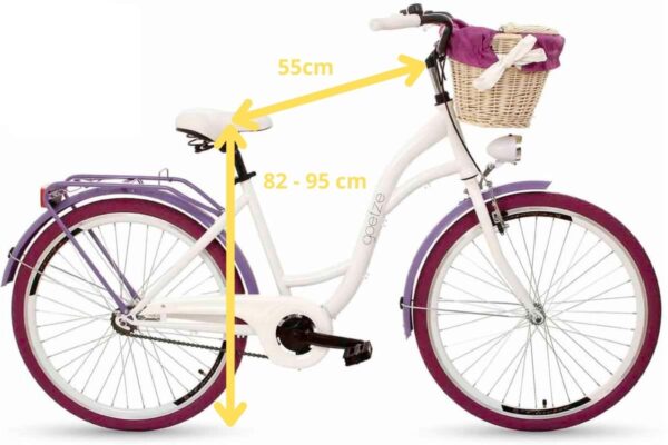 Bicicletă albă cu coș purpuriu și dimensiuni specificate.