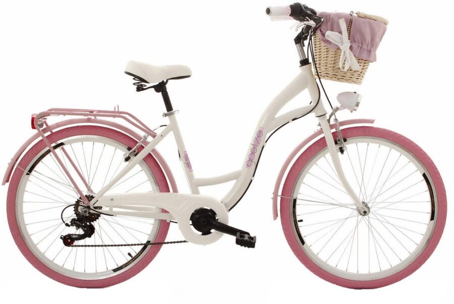 Bicicletă albă cu roți roz și coș
