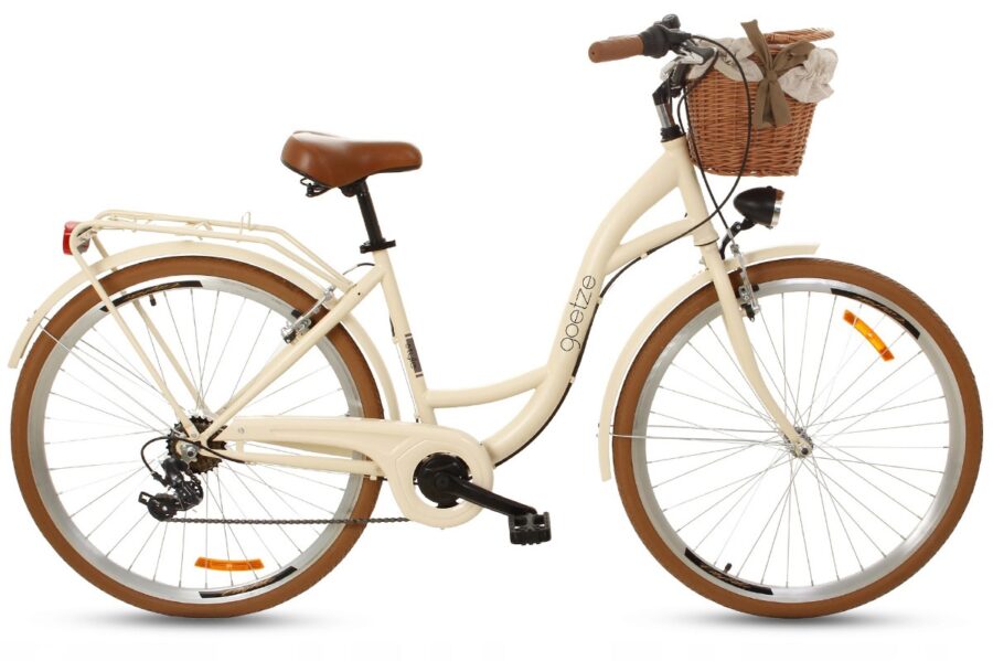 Bicicletă albă cu coș pe ghidon.