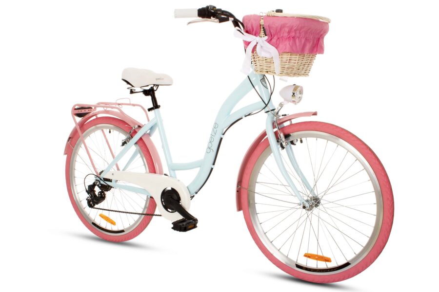 Bicicletă urbană cu coș roz și alb