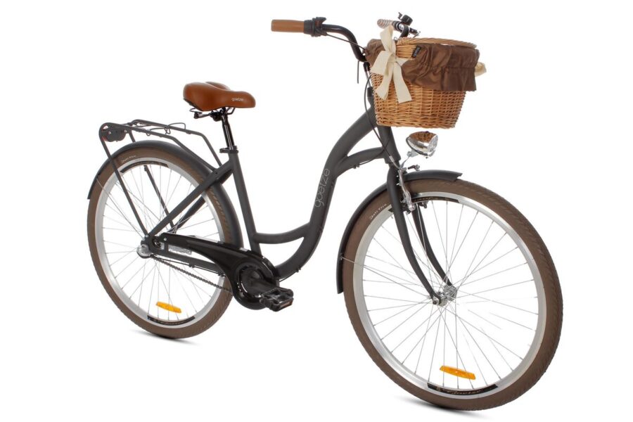 Bicicletă urbană cu coș împletit, culoare neagră.