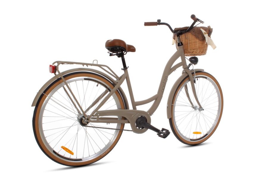 Bicicletă urbană cu coș de răchită, maro.