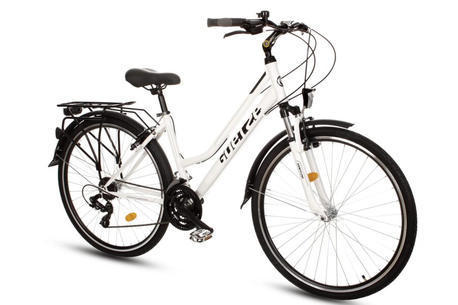 Bicicletă albă cu cadru jos și portbagaj