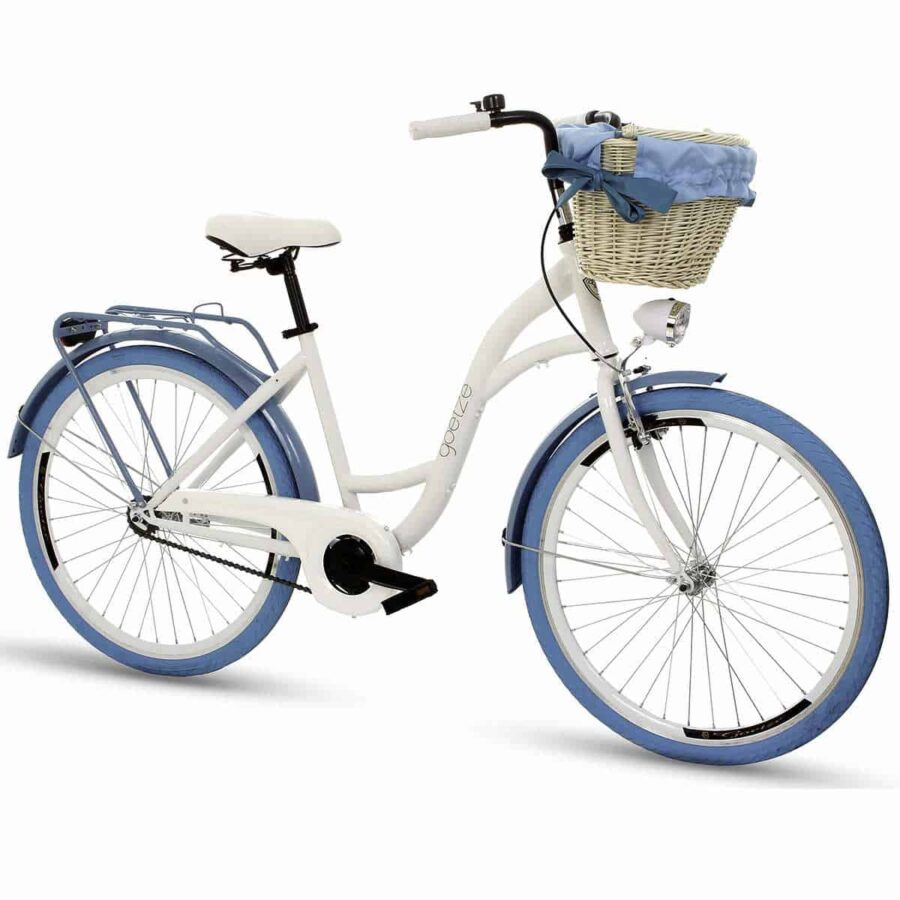 Bicicletă albă cu coș și apărători albastre.