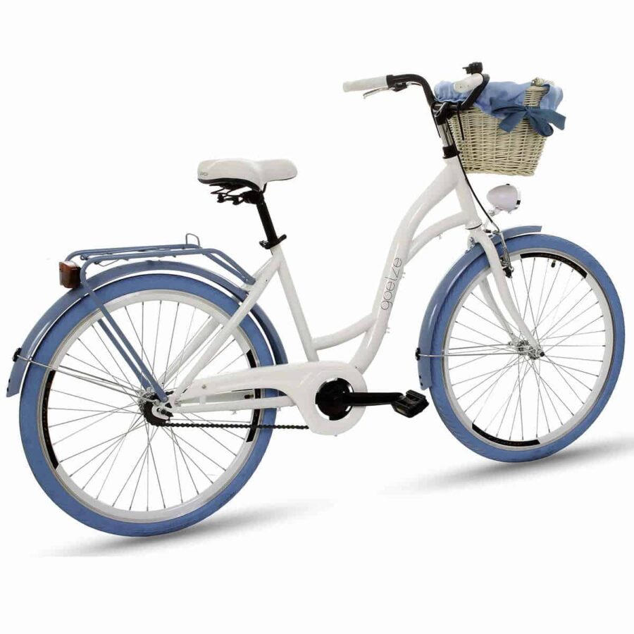 Bicicletă albă cu coș și aripi albastre.