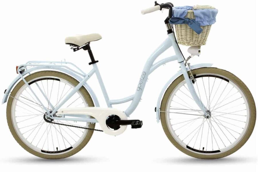 Bicicletă albastră cu coș și design retro.