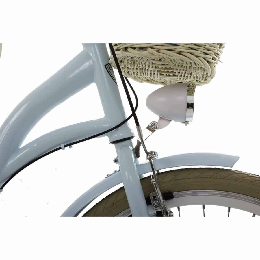 Roată de bicicletă albastră cu coș și far