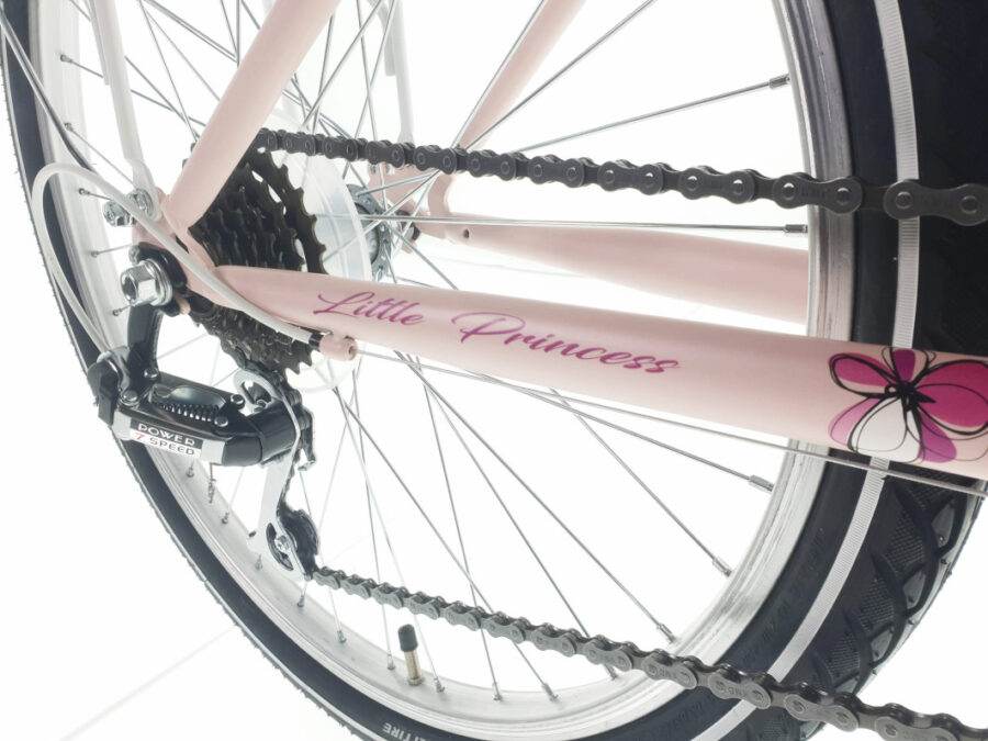 Bicicletă roz pentru copii, detalii roată și lant