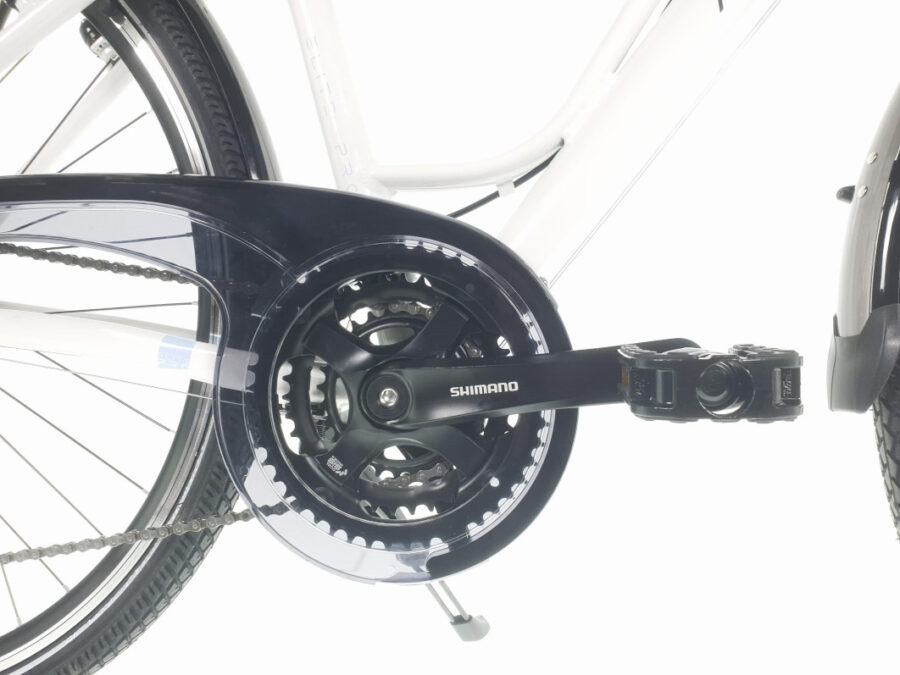 Angrenaj Shimano bicicletă albă cu apărătoare lanț