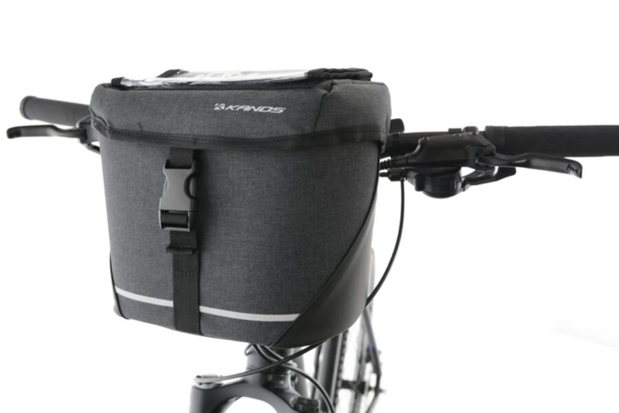 Geantă neagră montată pe ghidonul bicicletei