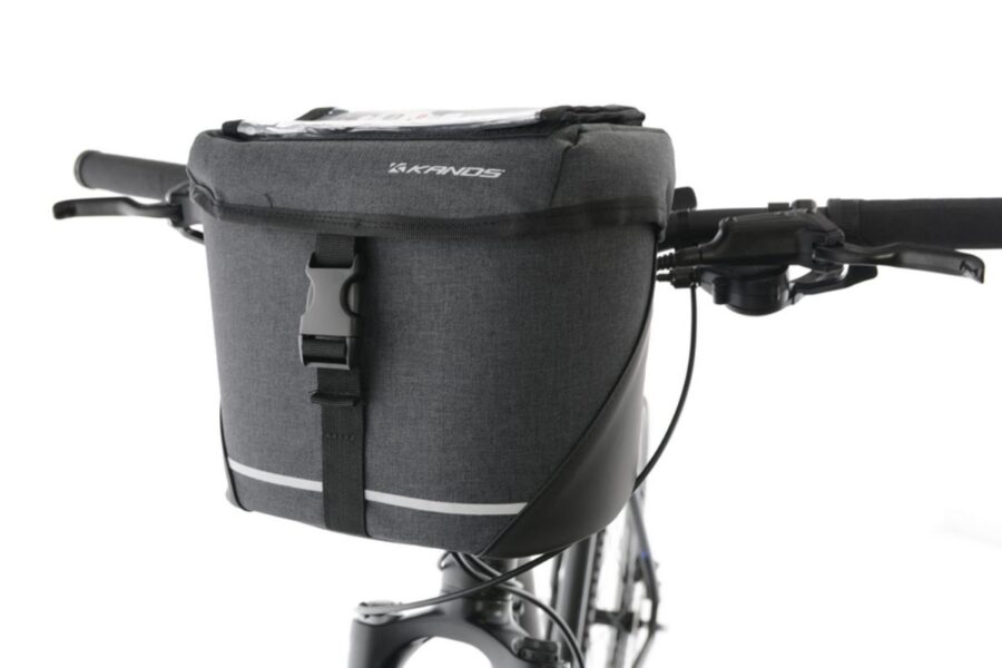 Geantă bicicletă gri pe ghidon negru.