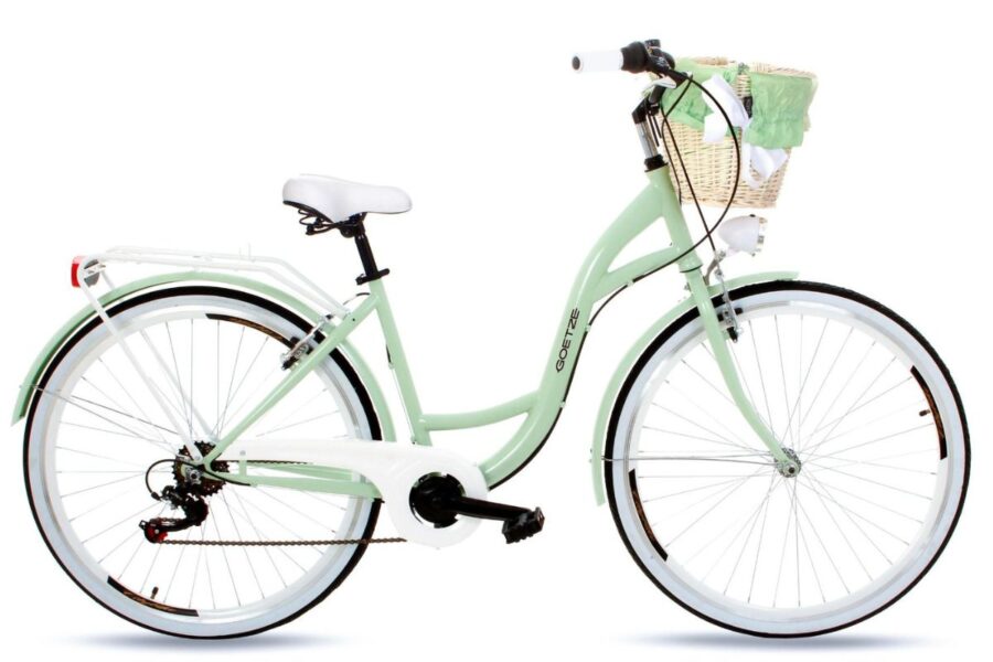 Bicicletă verde deschis cu coș frontal