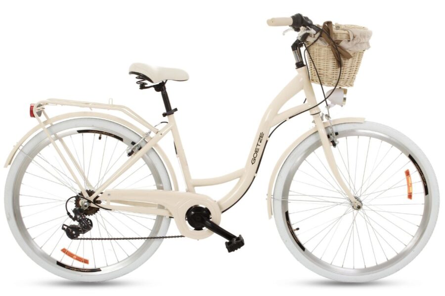 Bicicletă albă cu coș din răchită