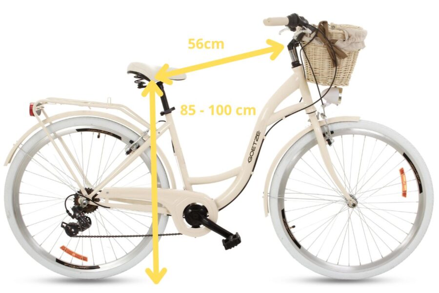 Bicicletă albă cu coș și măsuri scaun-neapoleon.