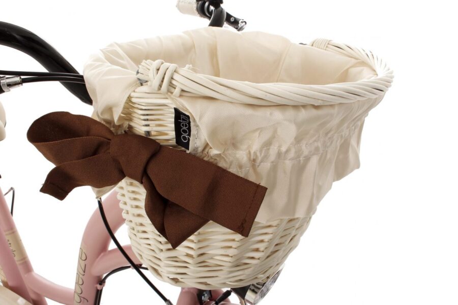 Coș bicicletă alb cu fundă maro.