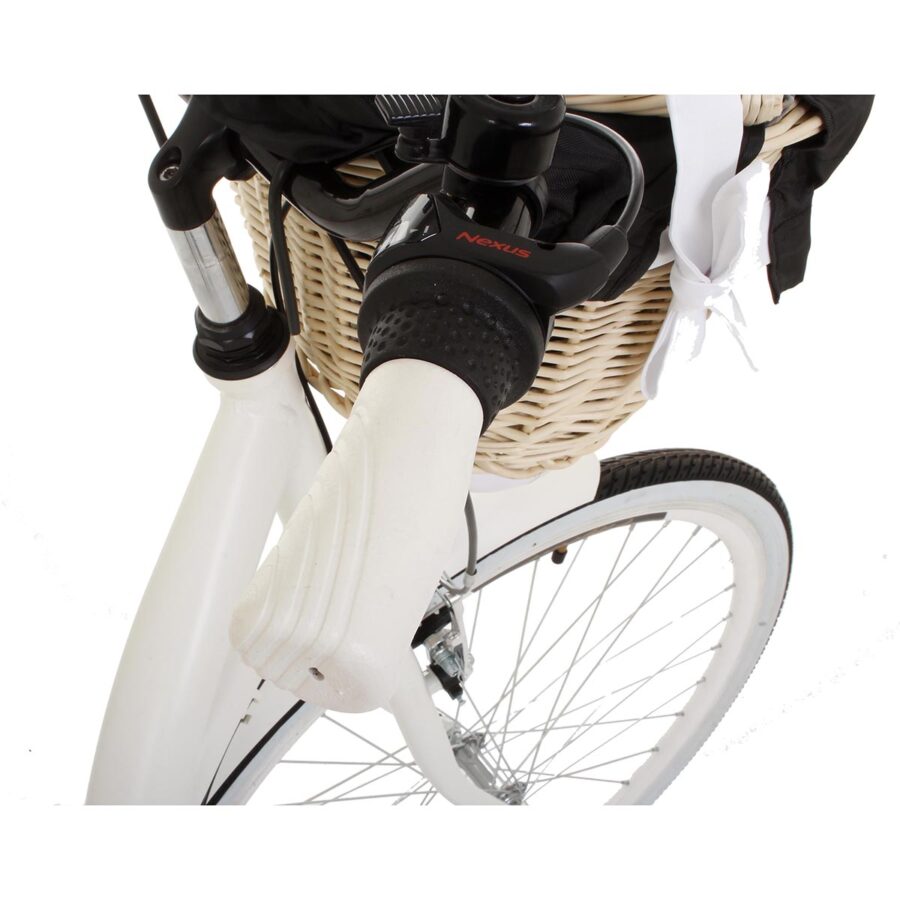 Ghidon bicicletă albă cu coș ratan