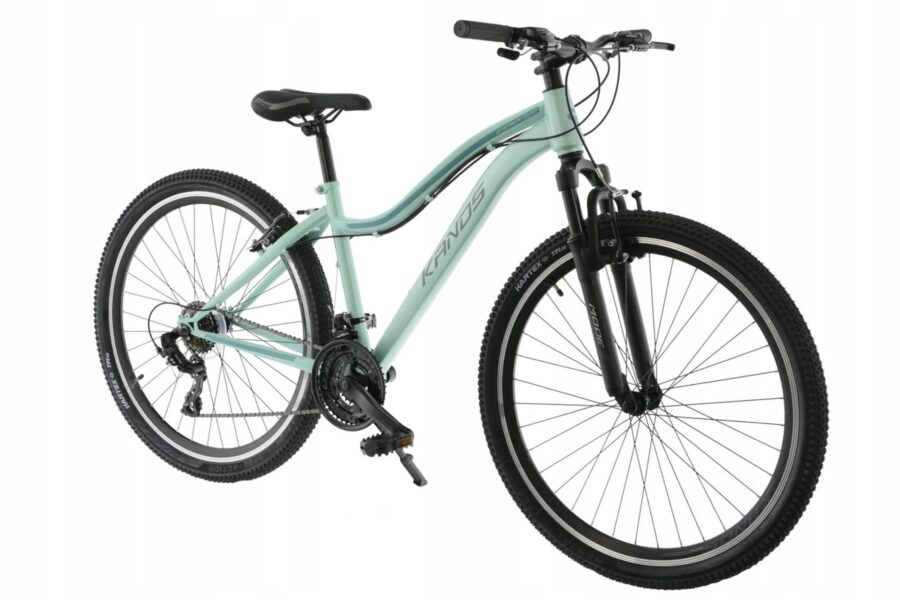 Bicicletă mountain bike verde deschis, cadru modern.