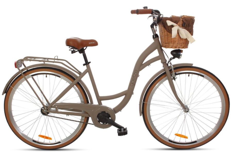 Bicicletă maro cu coș din ratan și șa maro.