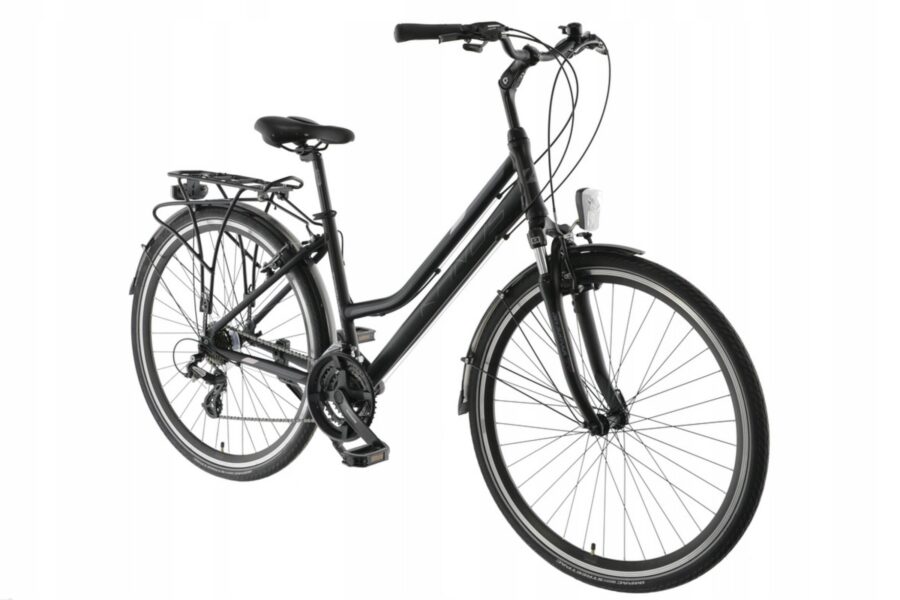 Bicicletă neagră pentru oraș cu cadru de damă.