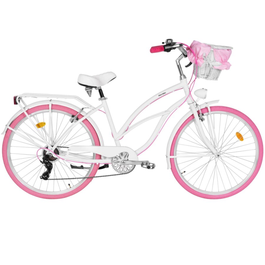 bicicleta dama cruiser davi bianca, aluminiu, 7 viteze, 28", 160 185 cm, alb/roz