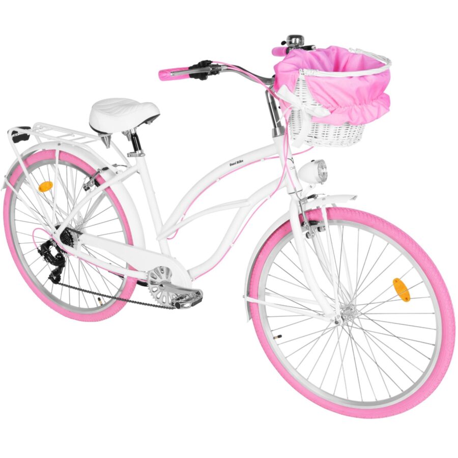 bicicleta dama cruiser davi bianca, aluminiu, 7 viteze, 28", 160 185 cm, alb/roz