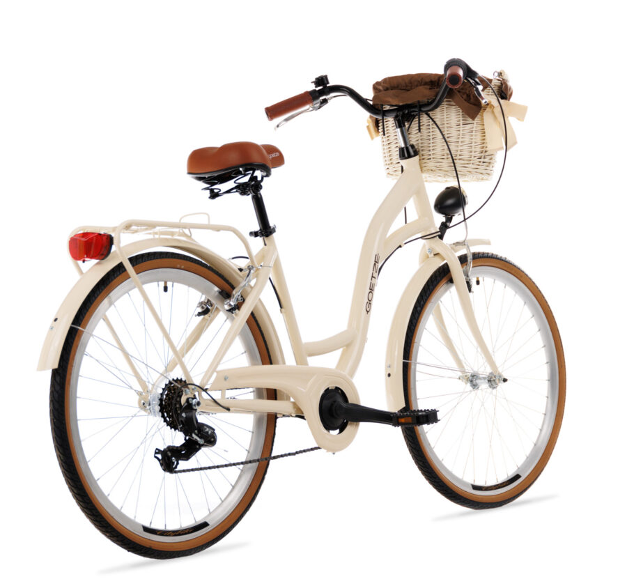 Bicicletă albă cu coș și șa maro