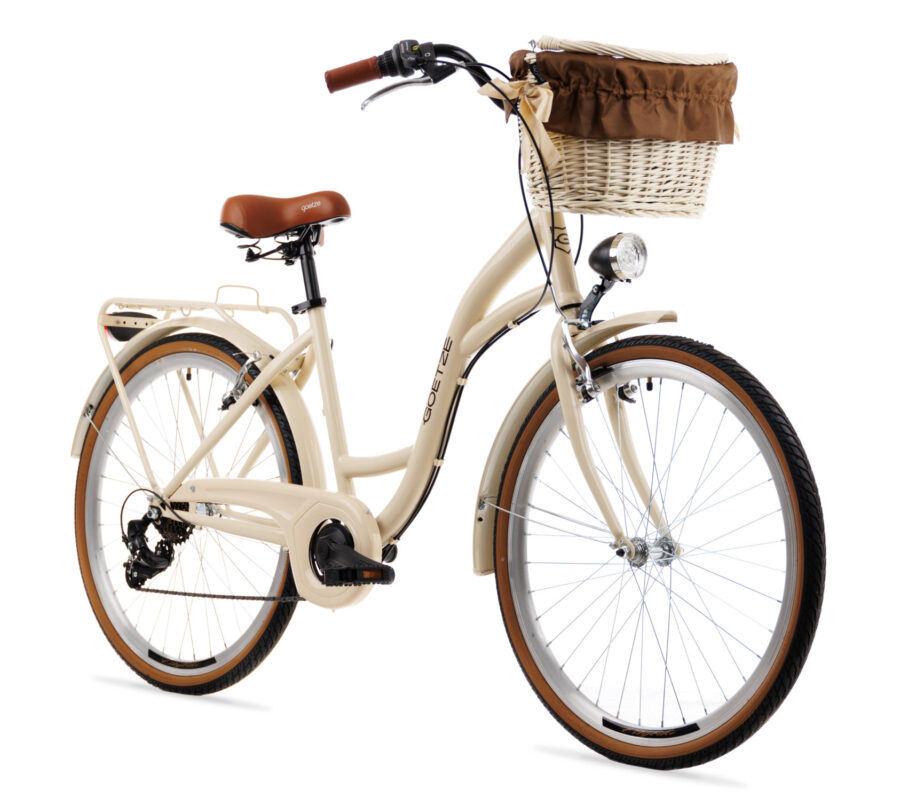 Bicicletă retro crem cu coș față maro.