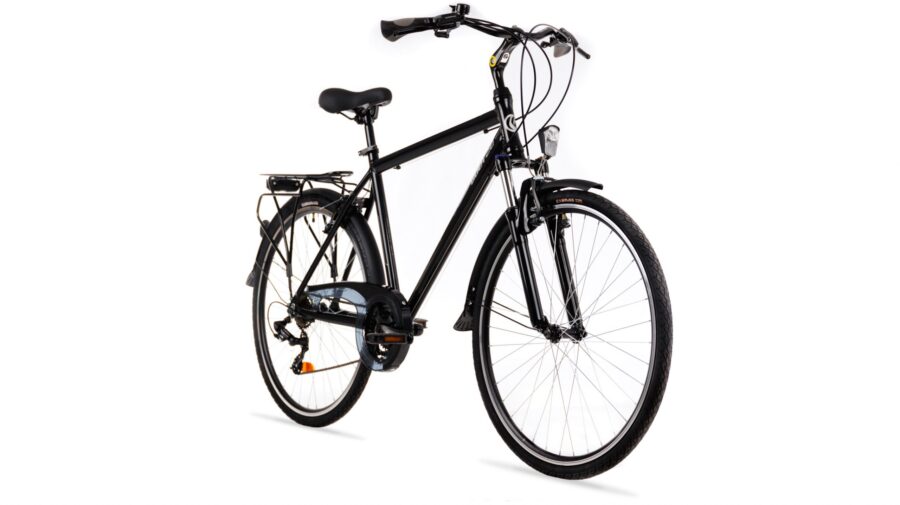 Bicicletă neagră cu cadru robust și portbagaj.