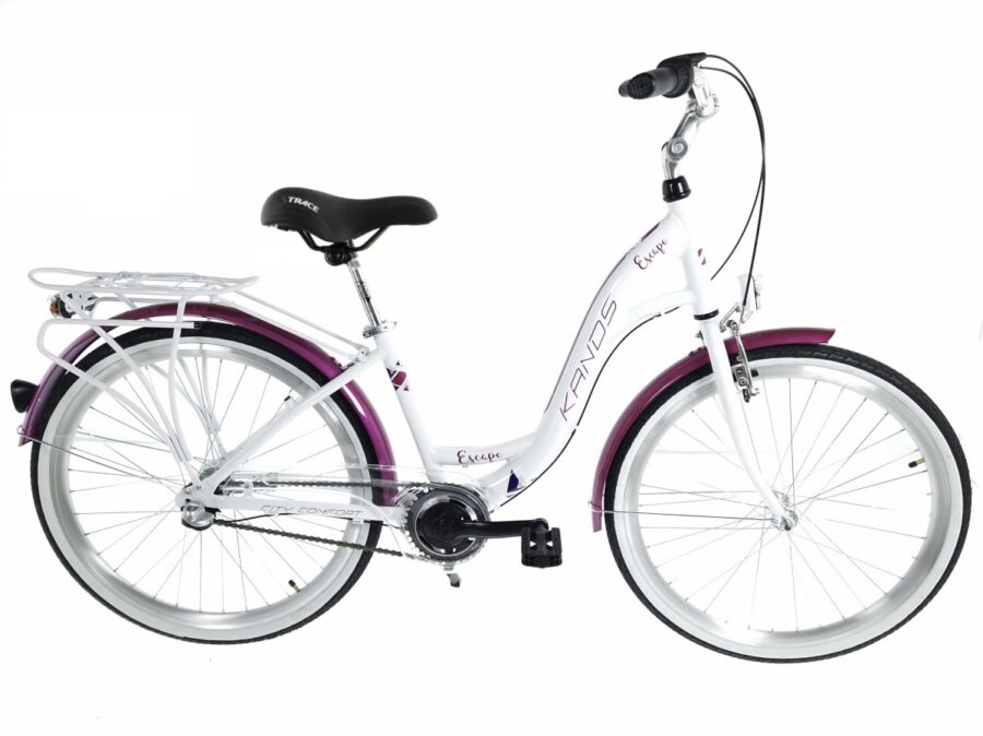 Bicicletă albă cu aripi roz și portbagaj.