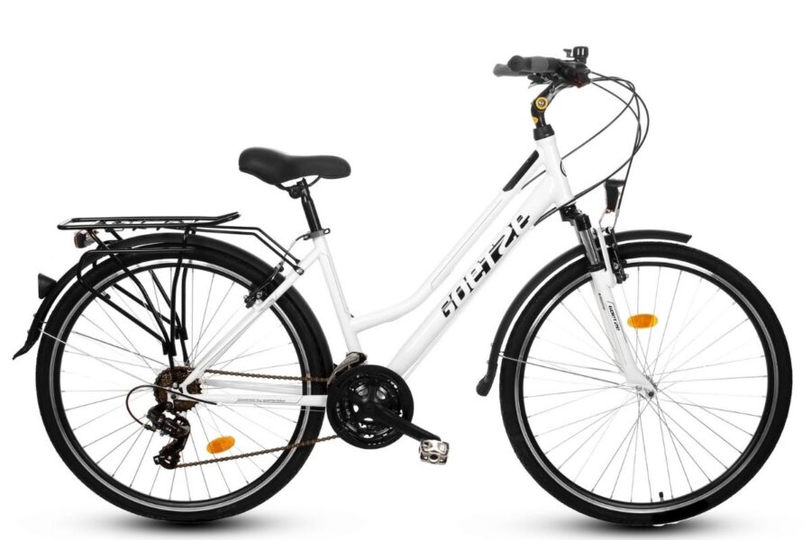 Bicicletă albă pentru oraș, cu suport bagaje