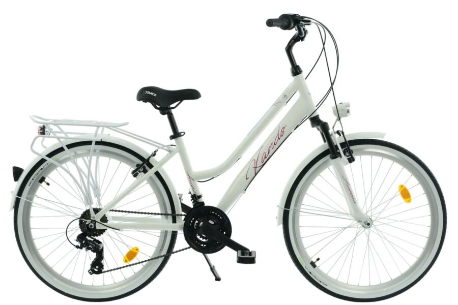 Bicicletă albă cu suport pentru bagaje