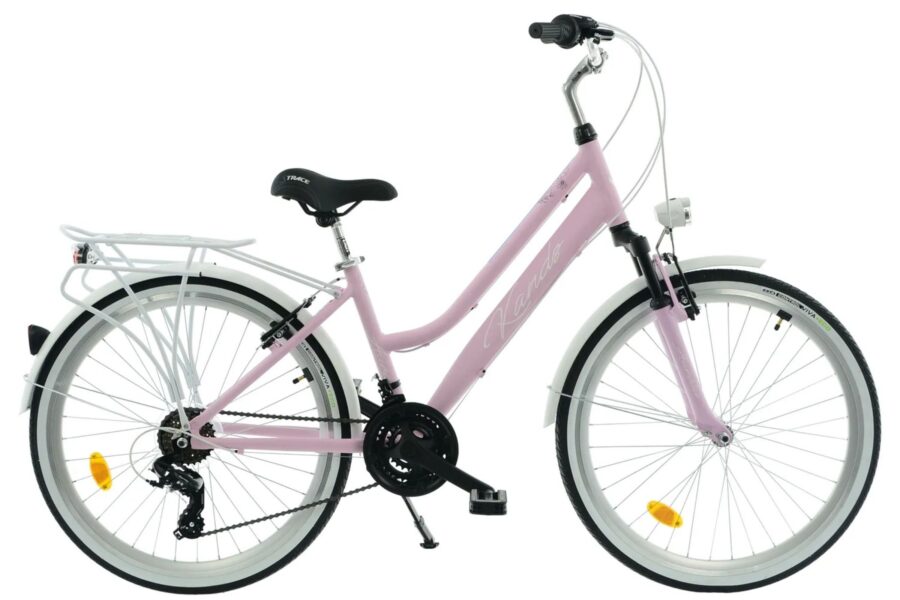 Bicicletă roz pentru femei cu suport cargo.