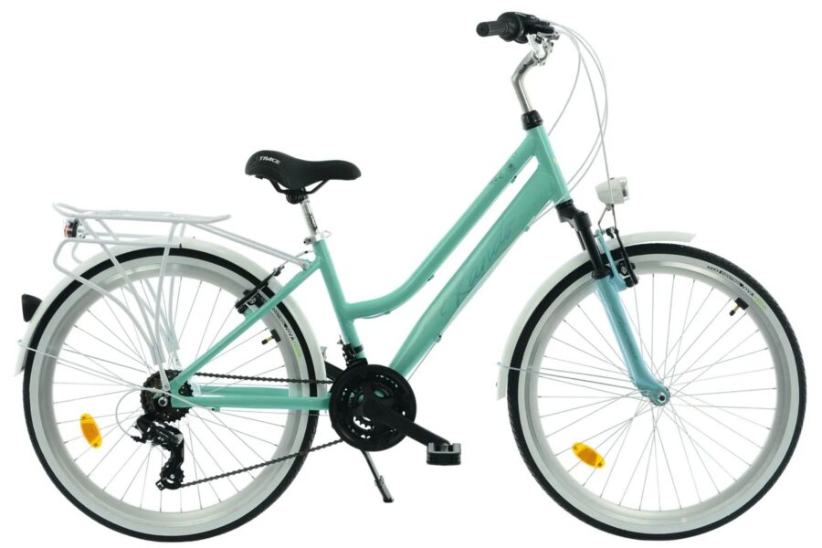 Bicicletă verde cu cadru joasă și roți laterale.