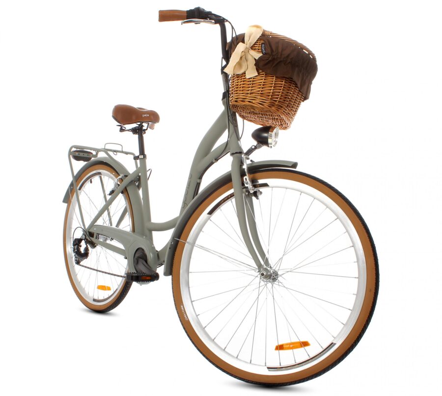 Bicicletă urbană cu coș din răchită, elegantă