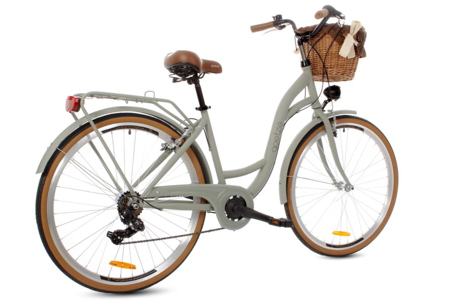 Bicicletă modernă cu coș, design urban elegant.