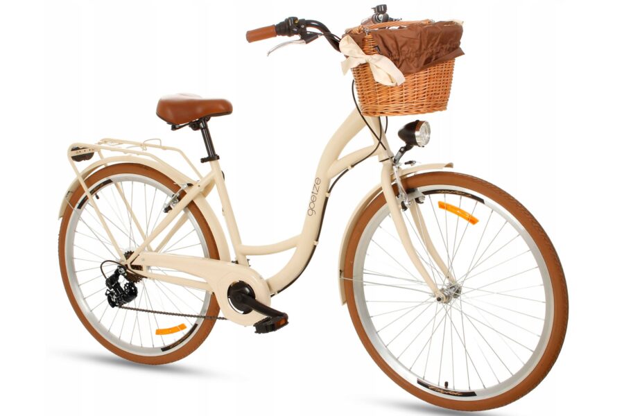 Bicicletă de oraș crem cu coș împletit