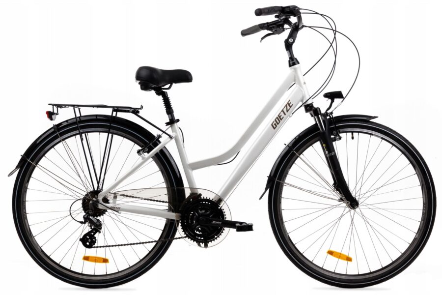 Bicicletă albă de oraș cu cadru confortabil.