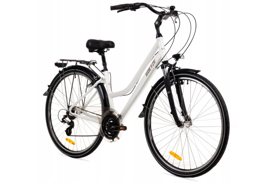 Bicicletă modernă albă, ideală pentru plimbări.