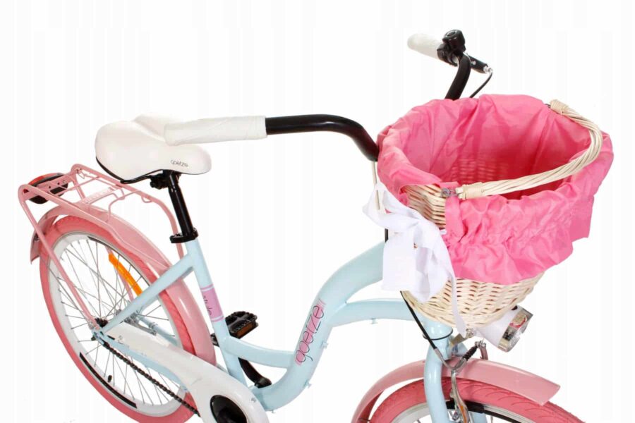 Bicicletă roz-albastră cu coș roz