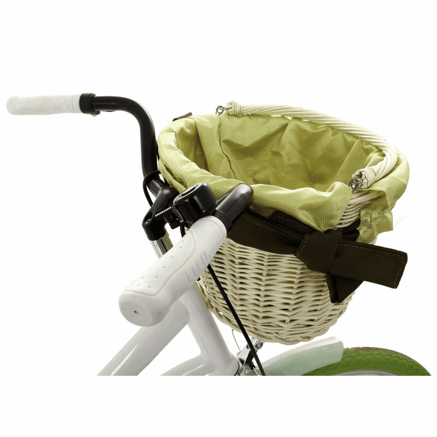 Coș de bambus pe bicicletă albă cu ghidon