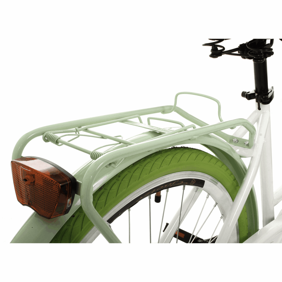 Portbagaj bicicletă alb cu roată verde.