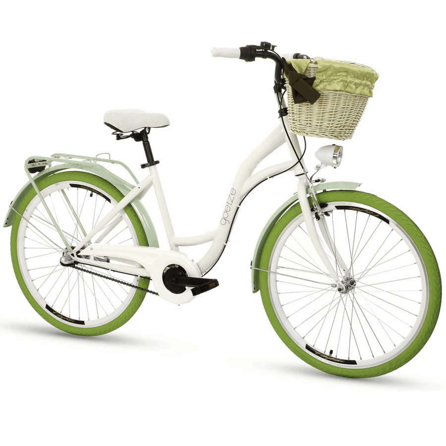 Bicicletă albă cu roți verzi și coș față.