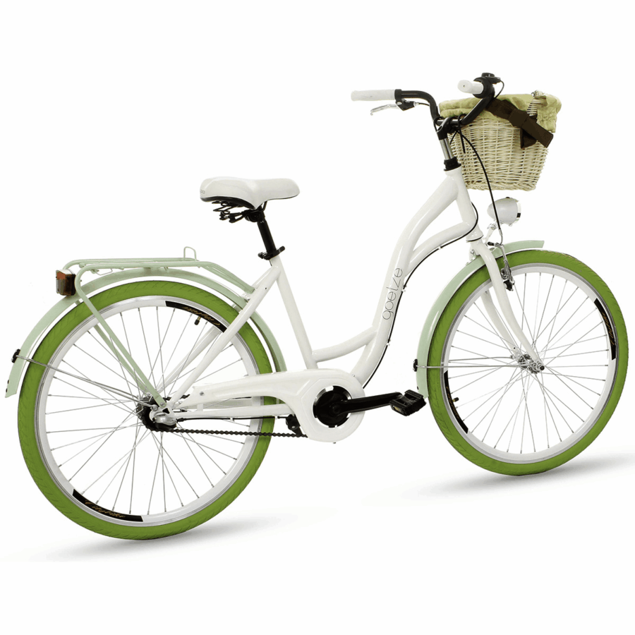 Bicicletă albă cu coș și cauciucuri verzi