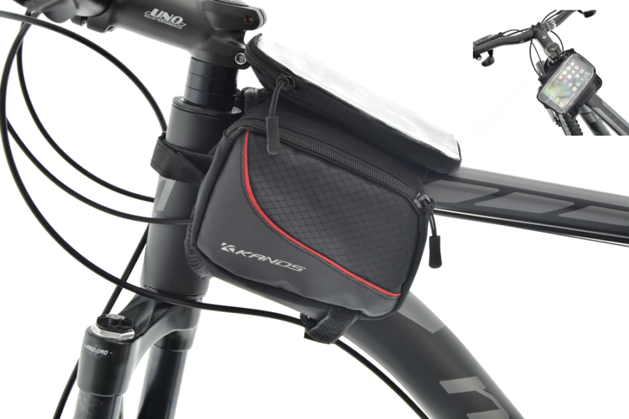 Geantă pentru bicicletă cu suport de telefon.