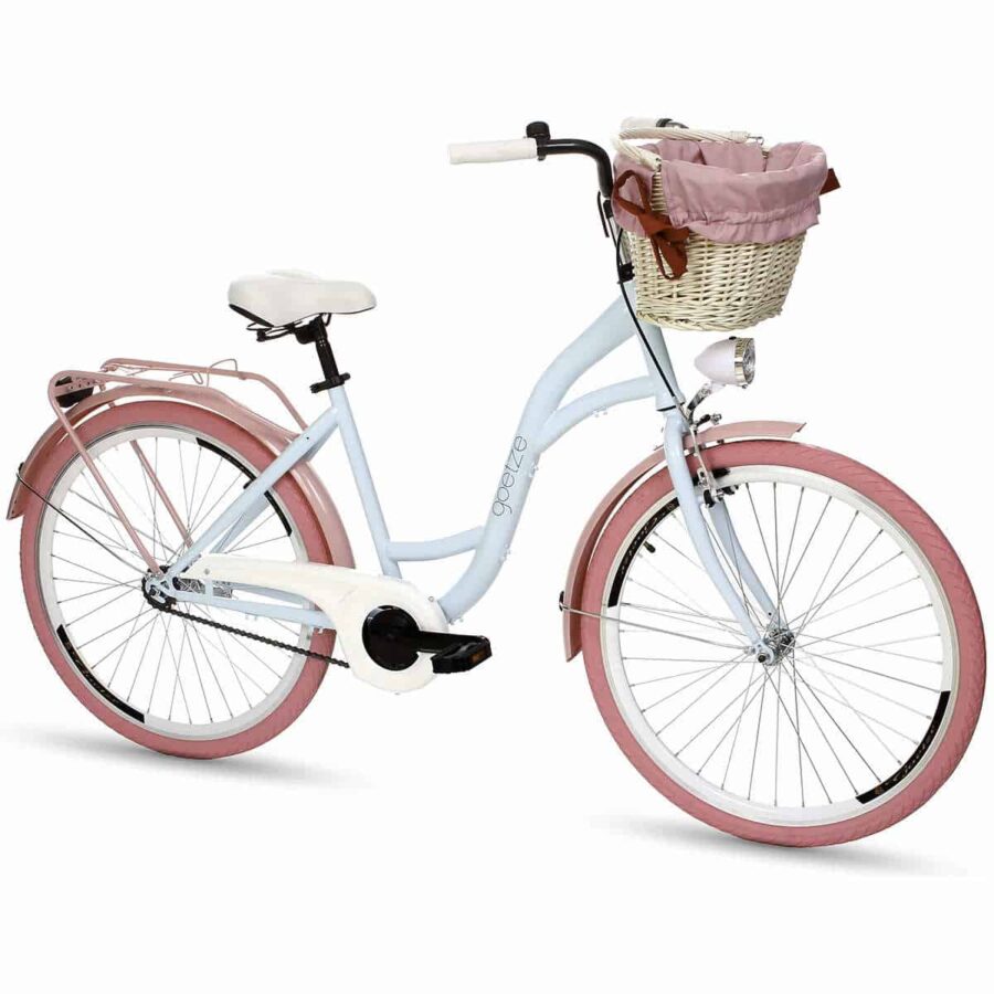 Bicicletă albastră cu coș roz și alb.