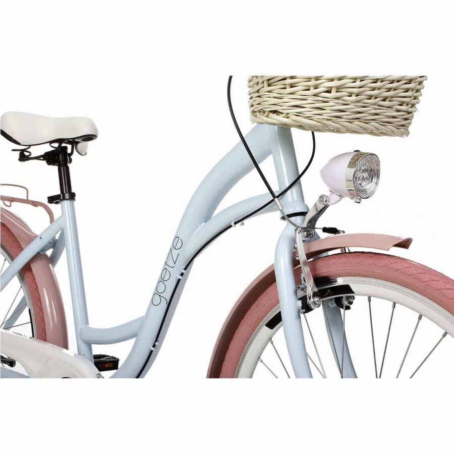 Bicicletă retro cu coș și cauciucuri roz