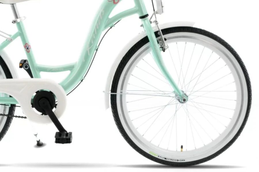 Bicicletă mintă cu roți albe și pedală neagră