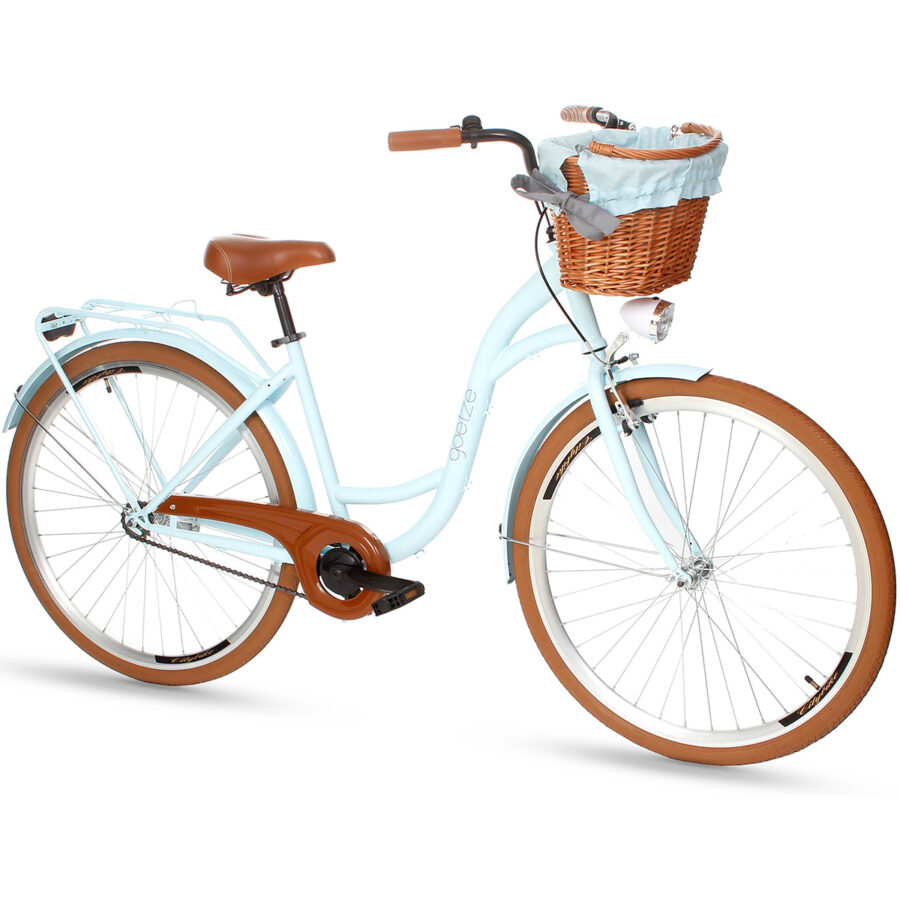 Bicicletă albastră cu coș și șa maro