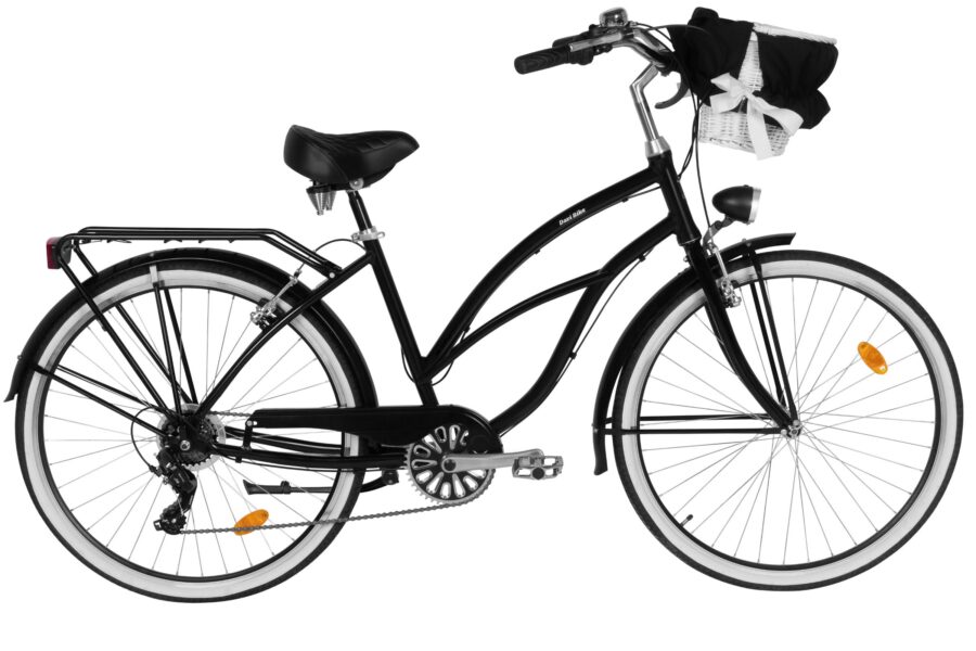 Bicicletă neagră cu coș alb, stil retro.