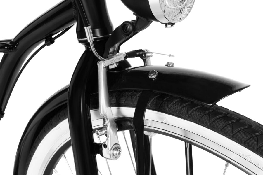 Detaliu frână bicicletă neagră cu far rotund